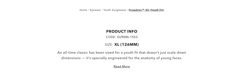 Oakley Frogskins XS Youth Fit sunglasses Product Info incorrectly showing an XL Size